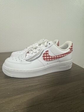 Nike White Air Force 1 Low with Red Gingham Swoosh